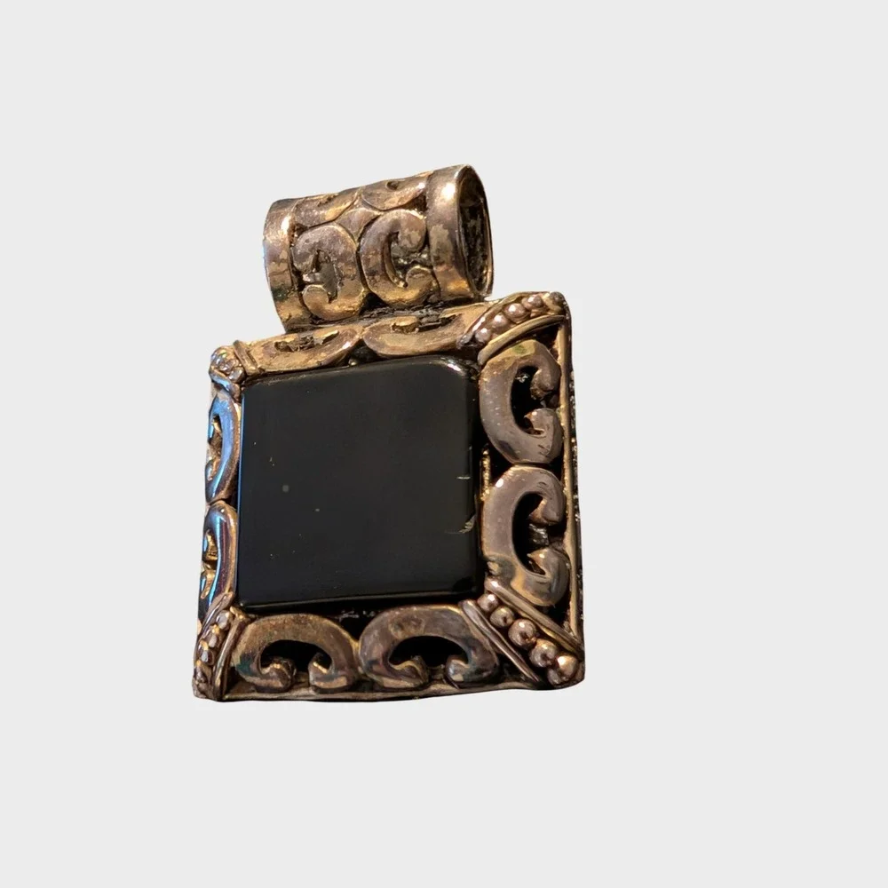 Vintage Black Pendant Silver Tone Square Stone Filigree Ornate Signed Best
